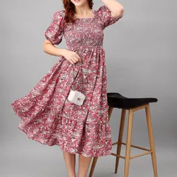Raiyani Fashion Floral Print Puff Sleeve Applique Fit & Flare Midi Dress-picture-4