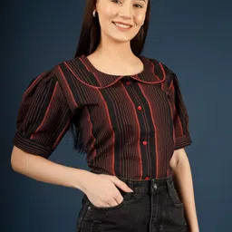 Kinjo Striped Peter Pan Collar Puff Sleeve Cotton Top-picture-20