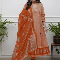 JAPNAAM Chevron Printed V-Neck Angrakha Sequinned Anarkali Kurta With Trousers & Dupatta-picture-17
