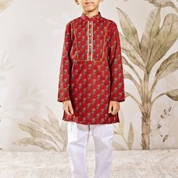 VASTRAMAY Boys Floral Printed Mandairan Collar Pure Cotton Kurta with Pyjamas-image-3