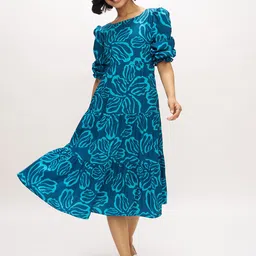 AASK Women Teal Blue Printed Delta Crush Calf Length Fit and Flare Dress-picture-30