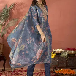 Anouk Floral Printed Regular Thread Work Straight Kurta With Trousers & Dupatta image 4