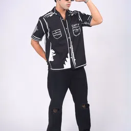 Eszett Outline Printed Cuban Collar Pure Cotton Shirt-image-14