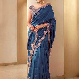 AWRIYA Floral Sequinned Silk Blend Heavy Work Saree-image-46