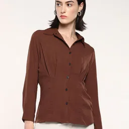 RAREISM Women Solid Shirt Collar Shirt Style Cotton Top-45