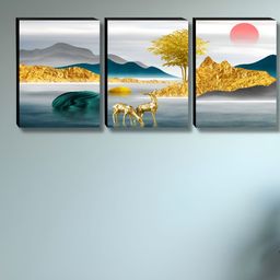 SAF White & Gold-Toned 3 Pieces Deer Printed Wooden Wall Paintings-image-53