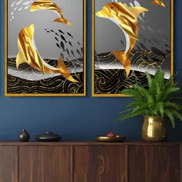 Art Street Gold-Toned & Grey 2 Pieces Dolphin Printed Canvas Wall Paintings-picture-5