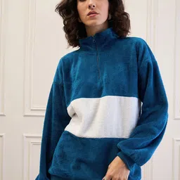 SASSAFRAS Women Colourblocked Mock Collar Pullover Sweatshirt-17