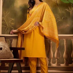 Sangria Women Floral Embroidered Kurta with Trousers & Dupatta-picture-34