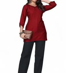 Fabtown Solid V-Neck Khadi Tunic-image-43