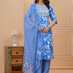 KIAARON Floral Printed Empire A-Line Thread Work Kurta With Harem Pants And Dupatta-55