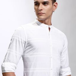 HIGHLANDER Men Band Collar Horizontal Striped Cotton Formal Shirt-image-23