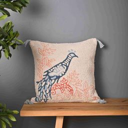Aura Beige & Blue Embroidered Square Cotton Cushion Cover-image-38