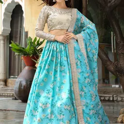 FABPIXEL Embroidered Zardozi Kalamkari Semi-Stitched Lehenga & Unstitched Blouse With Dupatta-picture-15