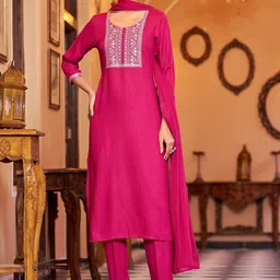 VIBE VISION Floral Yoke Design Thread Work Round Neck Kurta With Trousers & Dupatta-picture-10