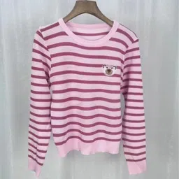 KPOP Women Horizontal Striped Round Neck Long Sleeves Top-image-14
