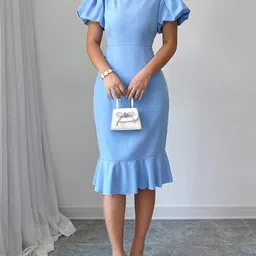 StyleCast x Revolte Solid Puff Sleeve Satin Bodycon Dress-image-22