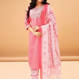 TRAHIMAM Women Bandhani Printed Regular Thread Work Pure Cotton Kurti with Trousers & With Dupatta-5