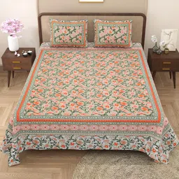 Shubastik Green & Orange Floral Print 210 TC King Bedsheet With 2 Pillow Covers-picture-28