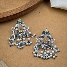 NAMAN ARTS Silver-Plated Artificial Stones and Beads Oxidised Contemporary Drop Earrings-1
