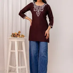 Moda Rapido Women Maroon Cotton Embroidered Kurti-picture-0