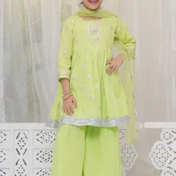 Little Bansi Girls Floral Woven Design Pleated Pure Cotton Kurta with Sharara & Dupatta-picture-41