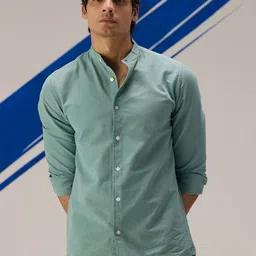 UNSTD Men New Fit Solid Band Collar Cotton Casual Shirt-image-8