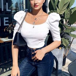 HERE&NOW Women White solid Puff Sleeve Polyester Top-picture-38