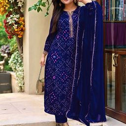GoSriKi Ethnic Motifs Printed Mirror Work Straight Kurta with Trousers & Dupatta-image-59
