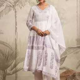 SCAKHI Women Hand-Block Printed Sequinned Pure Cotton Anarkali Suit Set With Dupatta-picture-10