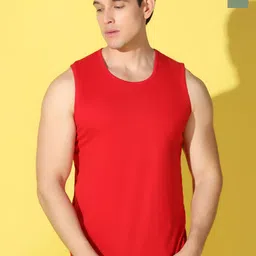 WOOSTRO Pack Of 2 Printed Combed Cotton Gym Vests VWS26(PLAIN RED)(ENJOY LGTGREEN)-43
