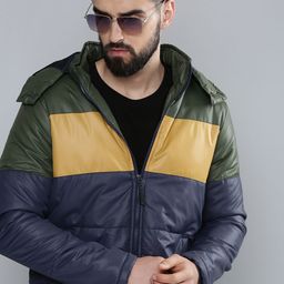 Flying Machine Men Navy Blue & Olive Green Colourblocked Hooded Puffer Jacket-45