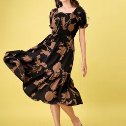 Attire Empire Women Square Neck Floral Printed Puff Sleeves Fit & Flare Midi Dress-picture-17