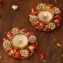Aapno Rajasthan Red & Gold Toned 2 Pieces Embellished Metal Diyas With Tea Light Candles-image-42
