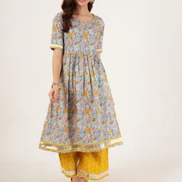 KALINI Floral Printed Gotta Patti Pure Cotton Anarkali Kurta With Palazzos-38