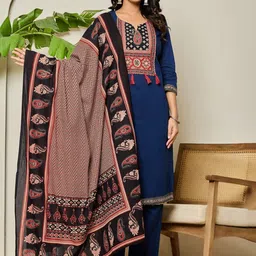 SHRIZA Floral Yoke Design Pure Cotton Straight Kurta With Trousers & Dupatta-26