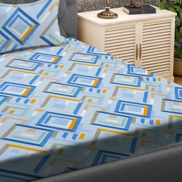 Aura Blue & Orange Geometric 144 TC Queen Bedsheet with 2 Pillow Covers-image-84