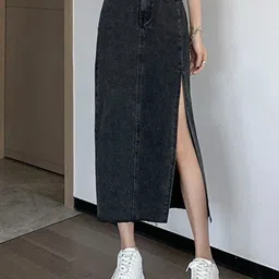 StyleCast Women Solid Denim A-line Slits Midi Skirts-picture-13