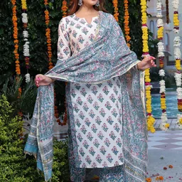 THE FAB FACTORY Floral Printed Notch Neck Straight Kurta With Trousers & Dupatta-picture-19