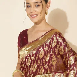 Janasya Wine Chanderi Silk Woven Paisley Saree with Unstitched Blouse Piece-image-30