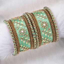 Peora Set of 10 Gold-Plated & Green Silk Thread Handcrafted Kundan Bangles-image-59