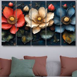RANDOM Blue & Red 5 Piece Synthetic Wood Floral and Botanical Wall Paintings-33