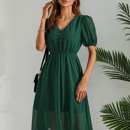 FERY LONDON Women Self Design Puff Sleeve Georgette Fit & Flare Knee Length Dress-picture-36
