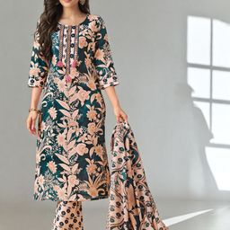 SZN Floral Printed Round Neck Straight Mirror Work Kurta With Trousers & Dupatta-picture-33