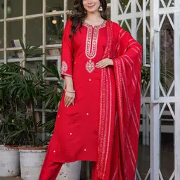 BAPS Women Ethnic Motifs Embroidered Regular Beads and Stones Chanderi Cotton Kurta with Trousers & With-26