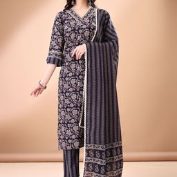 Anouk Floral Printed V-Neck Regular Pure Cotton Kurta With Trouser With Dupatta-picture-1