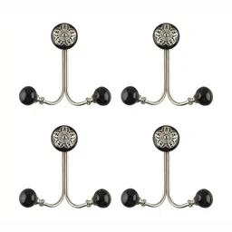 IndianShelf Black & Silver-Toned Printed 4 Pieces Ceramic Wall Hooks-1