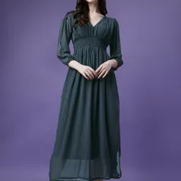 Raiyani Fashion Solid V-Neck Smocked Detail Empire Maxi Dress-picture-49