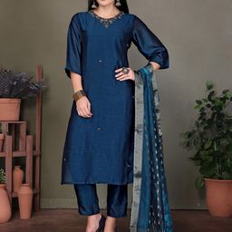 SUNDARNAARI Embroidered Beads And Stones Straight Kurta with Trousers & Dupatta-picture-15