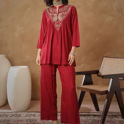 shae by sassafras Maroon Rayon Embroidered Top & Trousers Co-Ord Set-picture-34